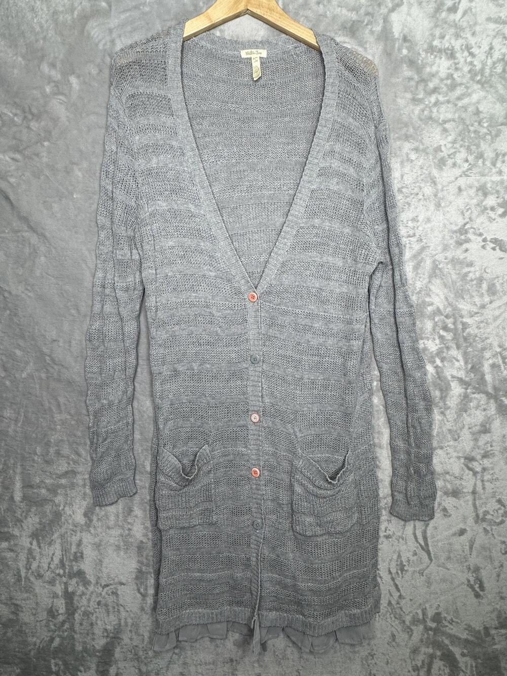 Matilda Jane Cardigan Sweater Womens Medium Gray Open Knit Ruffle Boho Cottage
